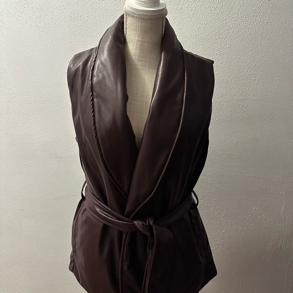 Liz Claiborne Dark Brown Faux Leather Sleeveless Wrap Vest